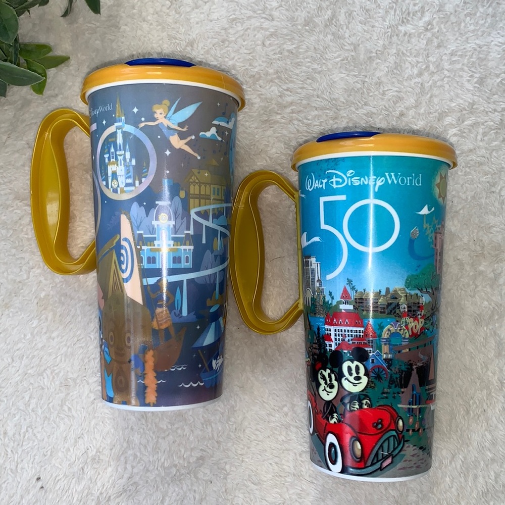 Disney World 50th Anniversary Plastic Refillable Travel Mugs Gold/Yellow